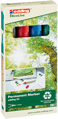 Alkoholos marker készlet, 1,5-3 mm, vágott, EDDING "22/4" ECOLINE, 4 különböző szín